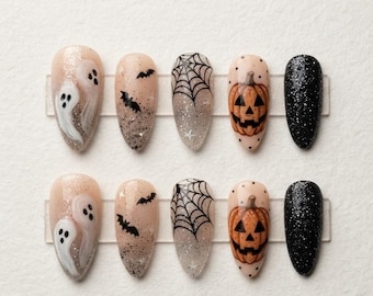 Halloween Press on Nails, Hand-Painted Ghost and Pumpkin Nail Art, Spooky Glitter Stiletto Nails