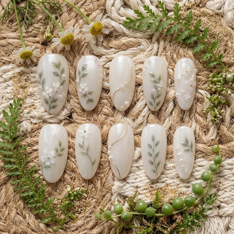 May include: A set of ten almond-shaped press-on nails in an off-white base color. The designs feature hand-painted green botanical leaf patterns, small white floral accents, delicate gold metallic lines, and tiny white pearl embellishments.