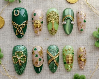 Handmade St. Patrick's Day Press On Nails, Lucky Shamrock and Horseshoe, Irish Festival Art