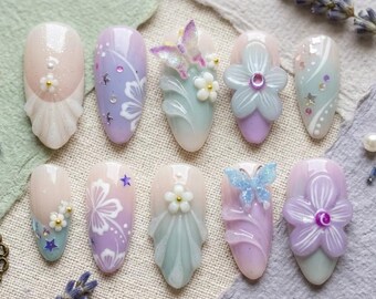 Handmade 3D Flower & Butterfly Press On Nails, Lavender Sage Green Coquette Nails
