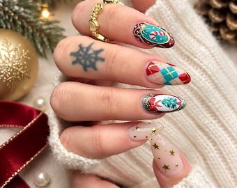 Vintage Christmas Press On Nails, Candy Cane Almond Nails, Retro Christmas Nail Art