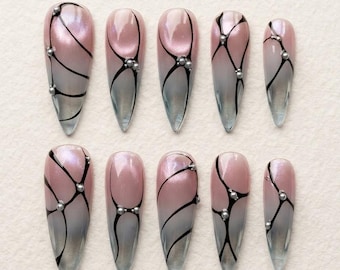 Luxury Cyber Goth Press On Nails, Pink Cat Eye Ombre Fake Nails, 3D Spider Web Gothic Gel Nails