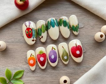 Handcrafted Press On Nails Inspired by The Very Hungry Caterpillar, Fruit & Bug Art Nail Set