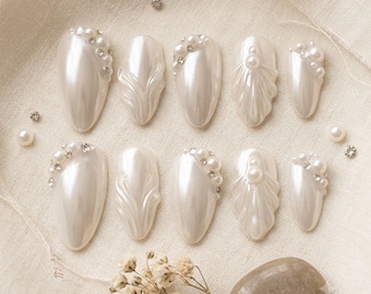Luxury Bridal Press On Nails, Elegant Pearl Wedding Fake Nails, 3D Seashell Shimmer Gel Nails