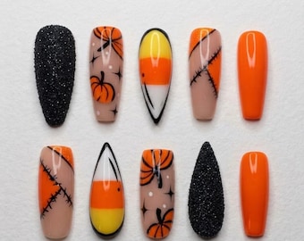 Halloween Press On Nails Set, Spooky Pumpkin & Candy Corn False Nails