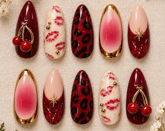 Uñas postizas de cereza, uñas almendradas con estampado de leopardo rojo, uñas francesas cromadas doradas, uñas postizas 3D de cereza