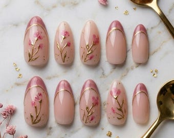 Botanical Blossom Press On Nails, Mauve French Tip Fake Nails, Hand Painted Floral Gel Nails