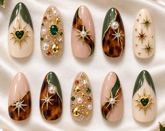 Tortoise Shell Press On Nails, Green Gold Celestial Nails, 3D Pearl Rhinestone Nails