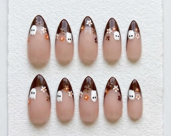 Ghost Floral French Tip Press on Nails, Autumn Nail Art Set