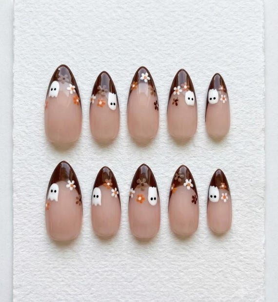 Ghost Floral French Tip Press on Nails, Autumn Nail Art Set