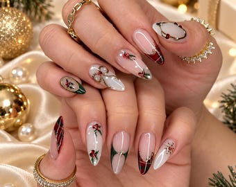 Uñas postizas navideñas a cuadros, uñas almendradas con acebo y bayas, uñas con lazo navideño, uñas postizas festivas hechas a mano.