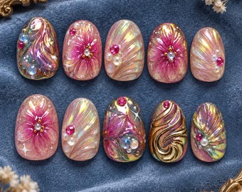 Holographic Floral Press On Nails, 3D Pink Flower and Chrome Gel False Nails