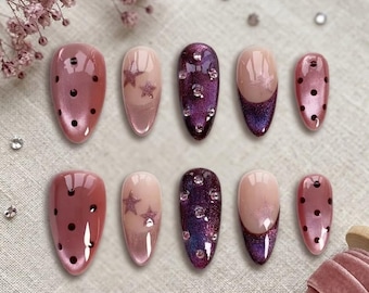 Pink Polka Dot Cat Eye Press On Nails, Purple Star Accents