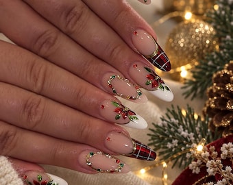 Christmas Press On Nails, Poinsettia Almond Nails, Red Plaid Holiday Nails, Elegant Christmas Nail Art