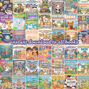May include: A selection of children's colouring books with diverse themes, such as animals, space, and daily life. The covers display vibrant illustrations and titles like "Safari Days" and "Cute Ocean Animals." The text "instant download to all books" is visible.