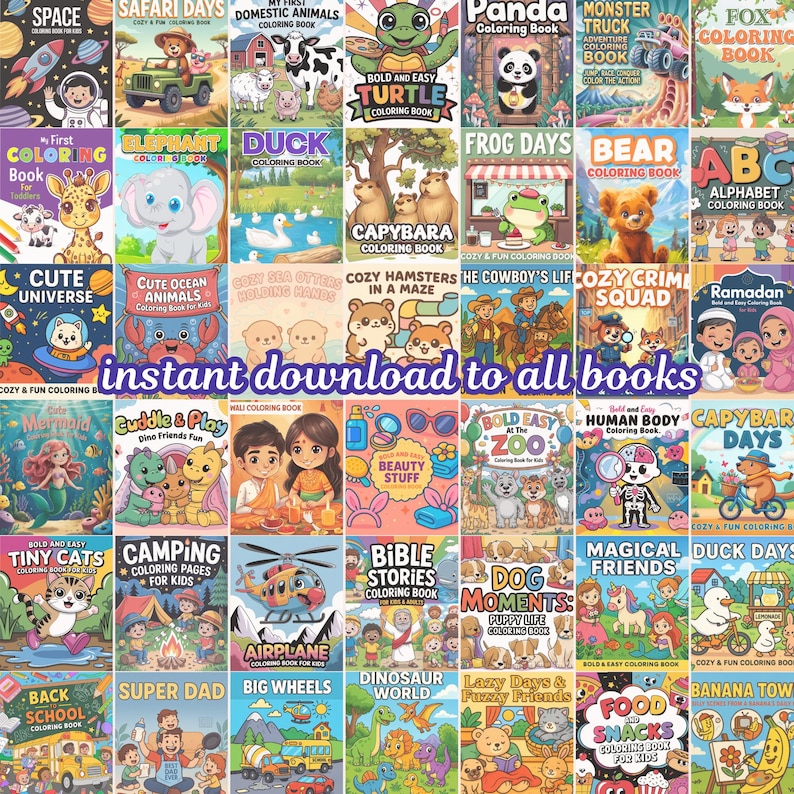 May include: A selection of children's colouring books with diverse themes, such as animals, space, and daily life. The covers display vibrant illustrations and titles like "Safari Days" and "Cute Ocean Animals." The text "instant download to all books" is visible.