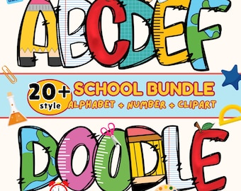 School Doodle Alphabet Number PNG Bundle, Preppy Student Font for Custom Name, Classroom Decor, Teacher Resources, Bulletin Board