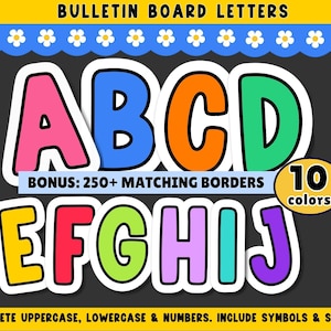May include: A set of colourful bulletin board letters featuring the alphabet from A to J in various bright colours with white outlines. The image includes text stating BULLETIN BOARD LETTERS, BONUS: 250+ MATCHING BORDERS, 10 colours, and COMPLETE UPPERCASE, LOWERCASE & NUMBERS. INCLUDE SYMBOLS & SHAPES.