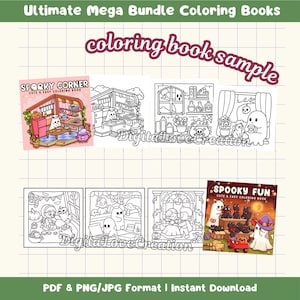 May include: A digital coloring book bundle featuring various black and white line art illustrations of ghosts, pumpkins, and spooky scenes. The collection includes cover art titled Sparky Corner and Spooky Fun, showcasing cute characters in indoor settings.