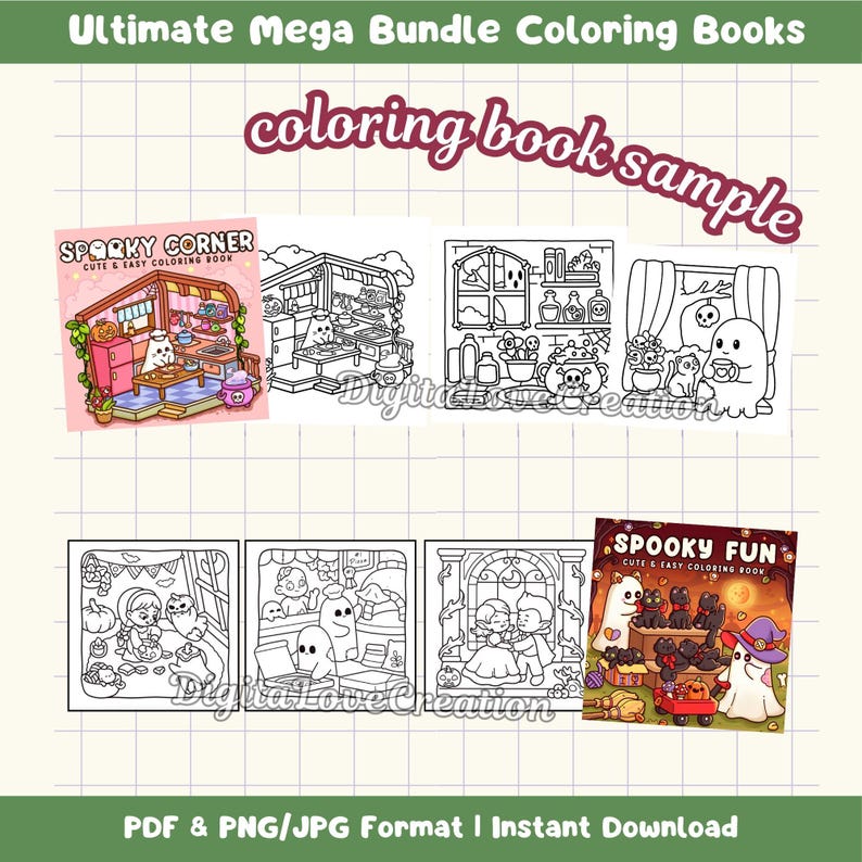May include: A digital coloring book bundle featuring various black and white line art illustrations of ghosts, pumpkins, and spooky scenes. The collection includes cover art titled Sparky Corner and Spooky Fun, showcasing cute characters in indoor settings.