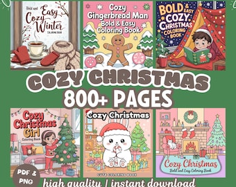 May include: A collection of six coloring books with the titles "Cozy Winter", "Cozy Gingerbread Man", and "Cozy Christmas". The image includes the text "Cozy Christmas 800+ Pages" and "high quality | instant download".