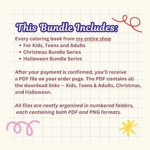 May include: A digital download graphic with the text "This Bundle Includes:" listing coloring books for kids, teens, and adults, plus Christmas and Halloween series. The text is on a grid background with decorative swirls and a yellow star.