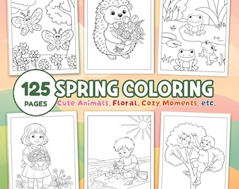 Pacote de Desenhos para Colorir da Primavera: Animais, Cenas Florais (Download Digital)