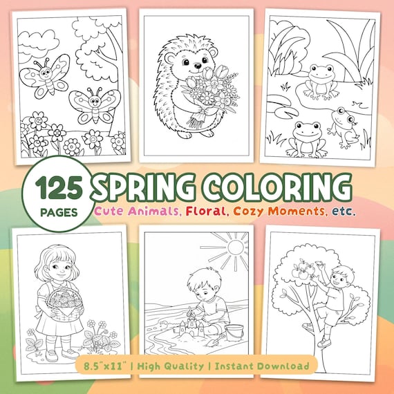Spring Coloring Pages, Spring Coloring Book, Kids Spring Coloring Sheets, Spring Activities Bundle, Cute Animals Coloring Pages