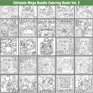 May include: A digital coloring book bundle titled Ultimate Mega Bundle Coloring Books Vol. 2, featuring twenty distinct black and white line art illustrations. The grid displays various scenes including animals, people, cozy interiors, and outdoor activities.