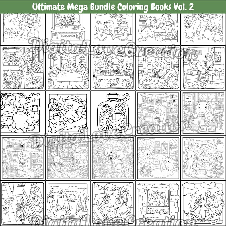 May include: A digital coloring book bundle titled Ultimate Mega Bundle Coloring Books Vol. 2, featuring twenty distinct black and white line art illustrations. The grid displays various scenes including animals, people, cozy interiors, and outdoor activities.