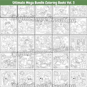 May include: A collection of twenty-five black and white line art illustrations titled Ultimate Mega Bundle Coloring Books Vol. 3. The grid displays various scenes featuring anthropomorphic animals, fairies, and characters in nature, homes, and shops.