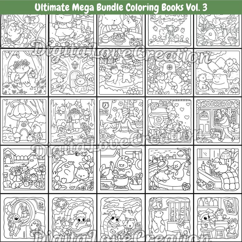 May include: A collection of twenty-five black and white line art illustrations titled Ultimate Mega Bundle Coloring Books Vol. 3. The grid displays various scenes featuring anthropomorphic animals, fairies, and characters in nature, homes, and shops.