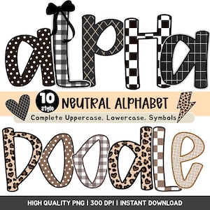 Paquete de letras PNG estilo Preppy Doodle, alfabeto a cuadros de leopardo, paquete de 10 letras neutras para diseños de sublimación (descarga digital)
