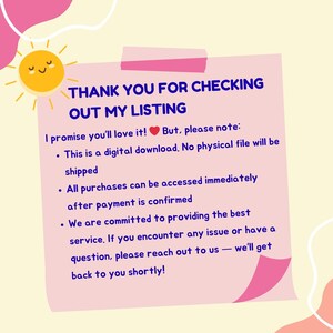 May include: A pink sticky note with the text "THANK YOU FOR CHECKING OUT MY LISTING" in blue. Additional text explains the digital download nature of the product. A cartoon sun and decorative shapes are in the background.