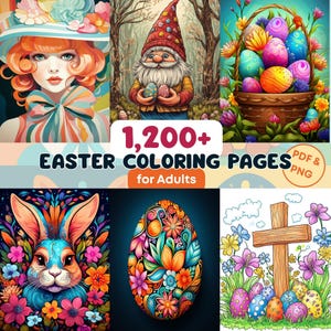 Könnte beinhalten: Digitales Kunstbild mit Osterillustrationen. Es zeigt eine Frau, einen Zwerg, einen Korb mit dekorierten Eiern, ein Kaninchen, ein dekoriertes Ei und ein Kreuz mit Eiern. Der Text lautet "1.200+ Oster-Malvorlagen für Erwachsene".