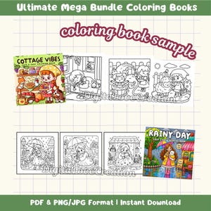 May include: A digital coloring book bundle featuring multiple black and white line art pages and two full-color cover designs titled Cottage Vibes and Rainy Day. The images depict characters in various settings, including gardens and rain scenes.