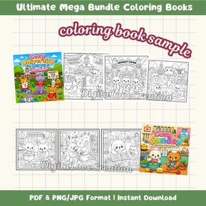 May include: A digital bundle of coloring books featuring the text Ultimate Mega Bundle Coloring Books, coloring book sample, Cozy University Days, University Yoga Club, University Festival, University Fun Run, Cooking, and Cozy Sunday.
