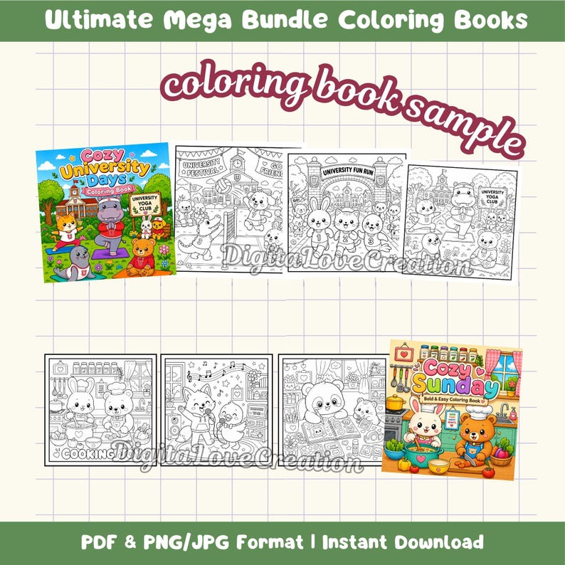 May include: A digital bundle of coloring books featuring the text Ultimate Mega Bundle Coloring Books, coloring book sample, Cozy University Days, University Yoga Club, University Festival, University Fun Run, Cooking, and Cozy Sunday.