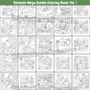 May include: A collection of twenty-five black and white line art illustrations titled Ultimate Mega Bundle Coloring Books Vol. 1. The grid displays various scenes including people with pets, indoor home settings, outdoor landscapes, and food items.
