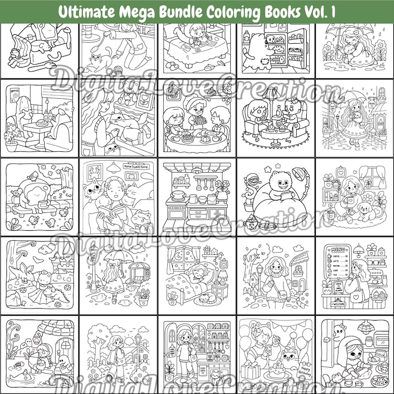 May include: A collection of twenty-five black and white line art illustrations titled Ultimate Mega Bundle Coloring Books Vol. 1. The grid displays various scenes including people with pets, indoor home settings, outdoor landscapes, and food items.