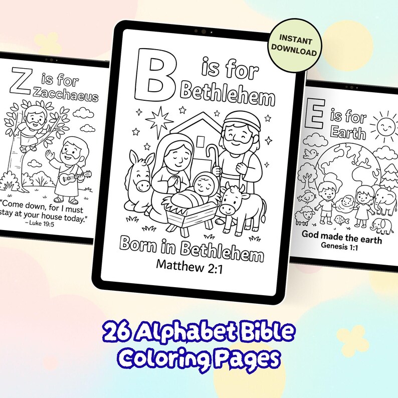 May include: Digital coloring pages displayed on tablets. The pages feature black and white illustrations of Bible stories, including Zacchaeus, Bethlehem, and Earth. Text includes Bible verses and the phrase "26 Alphabet Bible Coloring Pages."