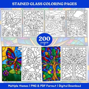 Könnte beinhalten: Eine Sammlung von 200 Malvorlagen im Buntglas-Stil mit schwarz-weißen Strichzeichnungen von Schmetterlingen, Tulpen, einem Schwan, einem Igel und Bäumen. Der digitale Download enthält PNG- und PDF-Formate mit verschiedenen Themen und Beispielen.