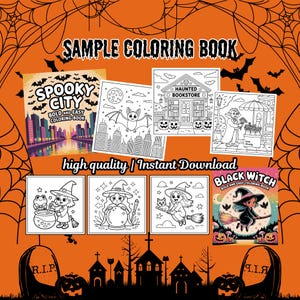 May include: A Halloween-themed image with various coloring book covers. The covers depict spooky cityscapes, bats, witches, and haunted scenes. Text includes "Sample Colouring Book", "Spooky City", and "Black Witch".