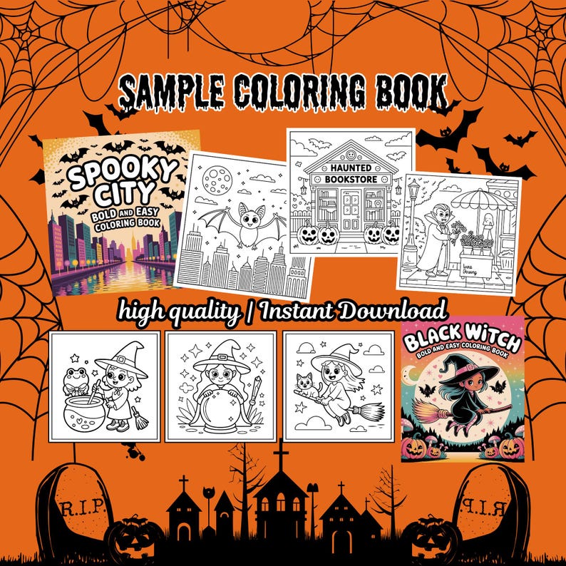 May include: A Halloween-themed image with various coloring book covers. The covers depict spooky cityscapes, bats, witches, and haunted scenes. Text includes "Sample Colouring Book", "Spooky City", and "Black Witch".