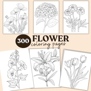 May include: Six black and white flower colouring pages are displayed, each with detailed line drawings of different flowers, such as poppies, hydrangeas, and lilies. The text "300 Flower colouring pages" is also visible.