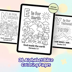 May include: Three digital coloring pages displayed on tablets. The pages feature black and white illustrations with the letters N, E, and Y, along with related Bible verses and images of Noah's Ark, Earth, and a mountain. The text "26 Alphabet Bible Coloring Pages" is at the bottom.