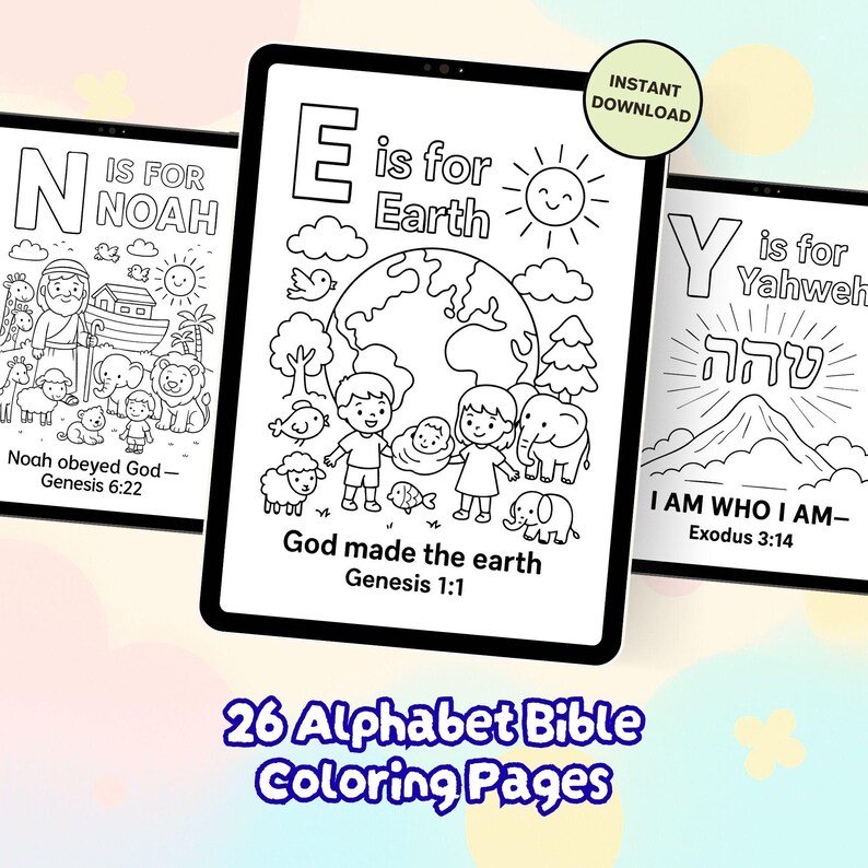 May include: Three digital coloring pages displayed on tablets. The pages feature black and white illustrations with the letters N, E, and Y, along with related Bible verses and images of Noah's Ark, Earth, and a mountain. The text "26 Alphabet Bible Coloring Pages" is at the bottom.
