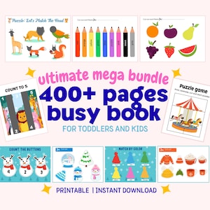 Puede incluir: Una colección de páginas de actividades imprimibles para niños pequeños y niños. Las páginas incluyen rompecabezas, juegos de emparejamiento y ejercicios de conteo. El texto "ultimate mega bundle 400+ pages busy book" se muestra.