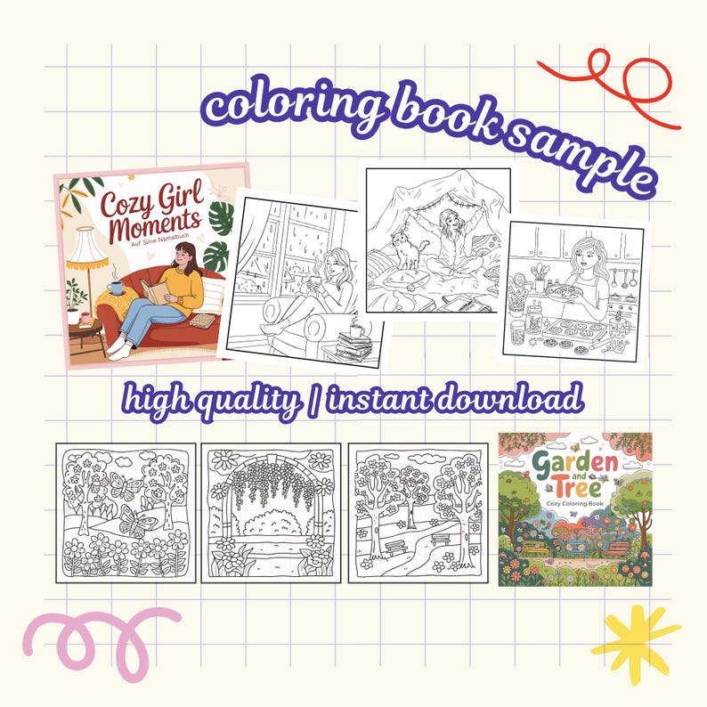 May include: A selection of colouring book samples, showcasing illustrations of cosy scenes and garden landscapes. The text "Cozy Girl Moments" and "Garden and Tree" are visible, along with the phrases "colouring book sample" and "high quality | instant download".