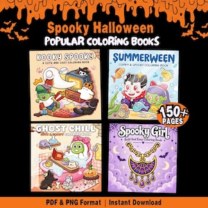 Pode incluir: Quatro livros de colorir quadrados intitulados Kooky Spooky, Summerween, Ghost Chill e Spooky Girl são exibidos contra um fundo preto com detalhes em laranja escorrendo. Cada capa apresenta ilustrações coloridas de desenhos animados e texto.